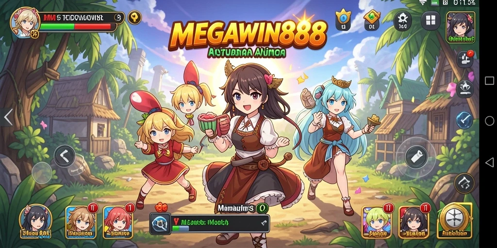 Tangkapan layar utama MEGAWIN888 menampilkan aksi karakter anime yang seru.